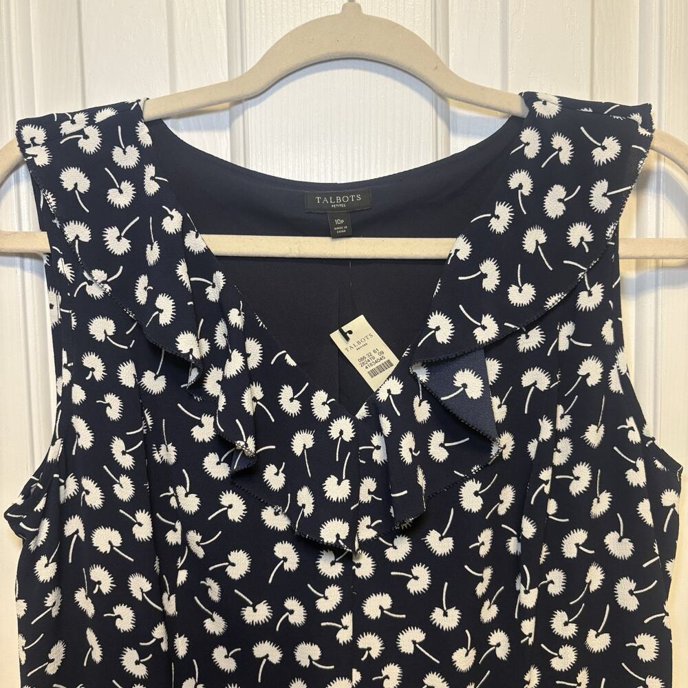 Talbots Dress Womens 10P Navy White Dandelion Midi Ruffle V-Neck Cottagecore New - Picture 5 of 16